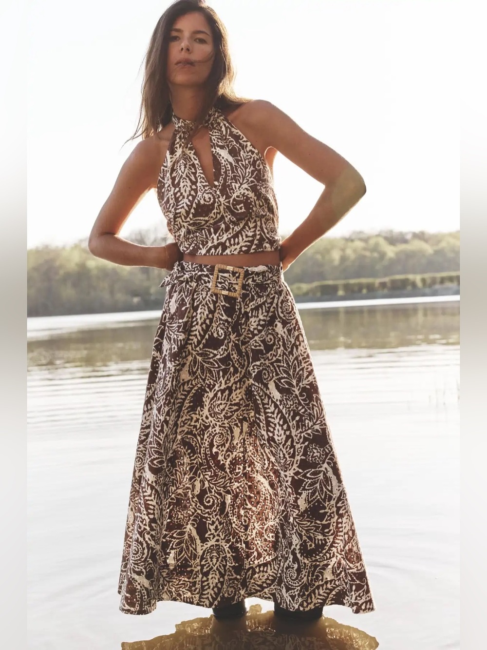Zara Brown and Cream Paisley Midi Skirt